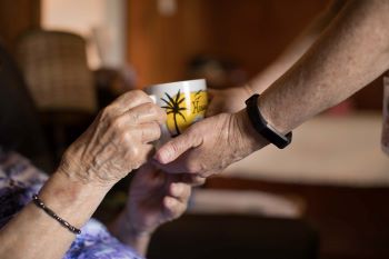 Closeup on hands of caregiver passing tea cup to hands of client