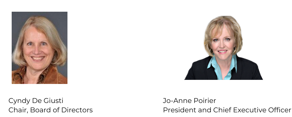 Headshot images and titles of Cyndy De Giusti, Chair of VON Canada Board of Directors and Jo-Anne Poirier, President and CEO