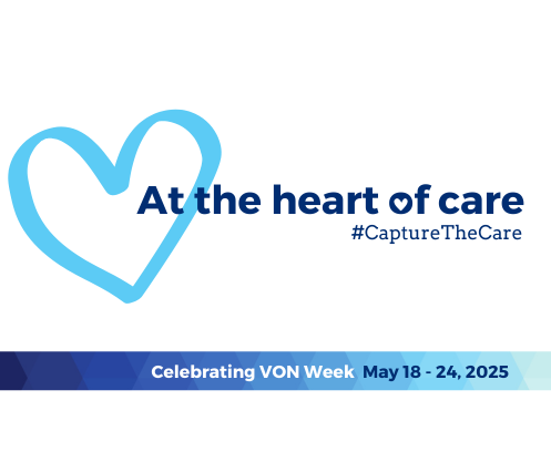 Logo for VON week 2025 theme featuring a blue heart and words that say 'at the heart of care #capturethecare' and 'celebrating VON Week May 18-24, 2025'