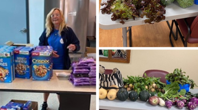 Packaged food items and fresh produce donations